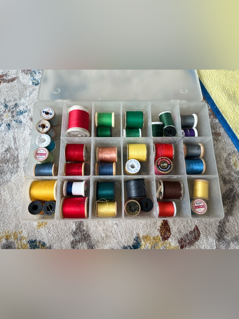 Vintage Sewing Thread Lot in Darice organizers box wooden and plastic spools